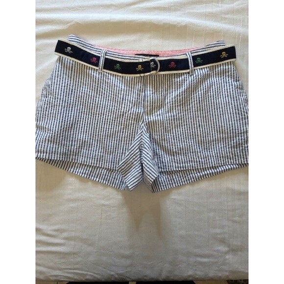 Polo Ralph Lauren Shorts Girls 14 Blue White Striped Seersucker With Skull Belt - Picture 1 of 5
